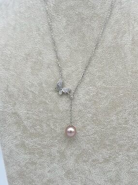Sterling Silver Butterfly Drop Necklace with Pink Pearl